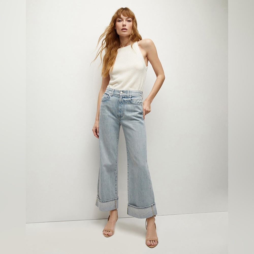 Veronica Beard Taylor Cuffed Cropped Wide-Leg Jean in Airway Cloud